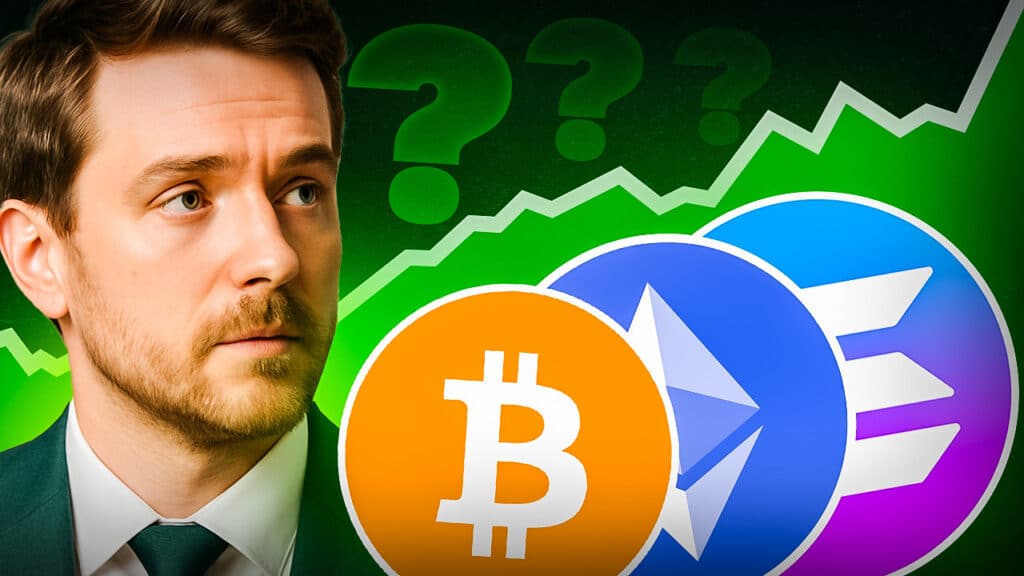 Ein Mann blickt nachdenklich auf die Symbole von Bitcoin, Ethereum und Solana, im Hintergrund ein steigendes Kursdiagramm mit Fragezeichen als Zeichen für Unsicherheit im Kryptomarkt.