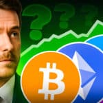 Ein Mann blickt nachdenklich auf die Symbole von Bitcoin, Ethereum und Solana, im Hintergrund ein steigendes Kursdiagramm mit Fragezeichen als Zeichen für Unsicherheit im Kryptomarkt.