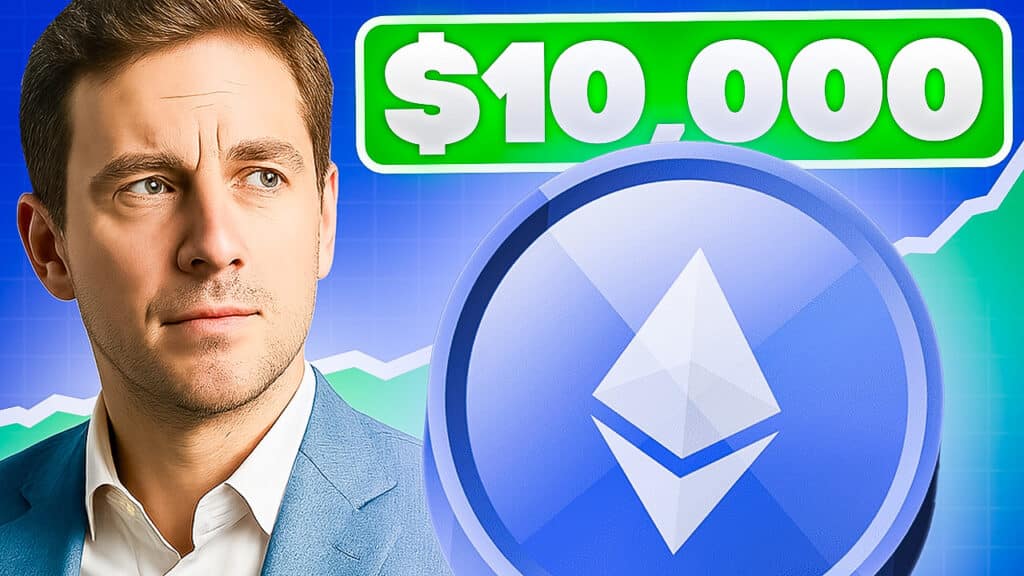 Ein Mann blickt nachdenklich auf ein großes Ethereum-Symbol mit der Aufschrift „,000“ und einem steigenden Chart im Hintergrund.