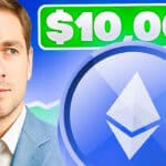 Ein Mann blickt nachdenklich auf ein großes Ethereum-Symbol mit der Aufschrift „$10,000“ und einem steigenden Chart im Hintergrund.