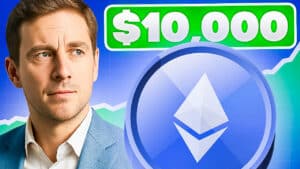 Ein Mann blickt nachdenklich auf ein großes Ethereum-Symbol mit der Aufschrift „,000“ und einem steigenden Chart im Hintergrund.