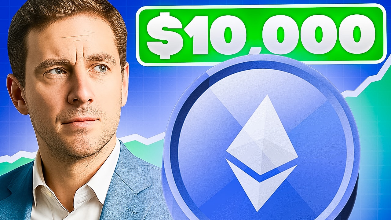 Ein Mann blickt nachdenklich auf ein großes Ethereum-Symbol mit der Aufschrift „,000“ und einem steigenden Chart im Hintergrund.