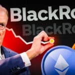 Eine Person in einem Anzug steht vor dem BlackRock-Logo und einer fallenden Kurslinie; daneben sind Bitcoin- und Ethereum-Symbole zu sehen.