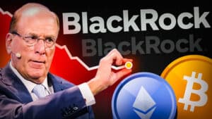 Eine Person in einem Anzug steht vor dem BlackRock-Logo und einer fallenden Kurslinie; daneben sind Bitcoin- und Ethereum-Symbole zu sehen.
