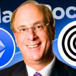 Larry Fink von BlackRock lächelt, umgeben von den Logos von Ethereum und Circle, vor einem BlackRock-Hintergrund.