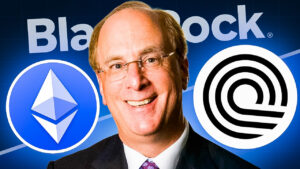 Larry Fink von BlackRock lächelt, umgeben von den Logos von Ethereum und Circle, vor einem BlackRock-Hintergrund.