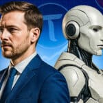 Das Bild zeigt einen Mann im Anzug neben einem humanoiden Roboter, beide blicken in entgegengesetzte Richtungen. Der Hintergrund besteht aus blauen Symbolen verschiedener Kryptowährungen und aufsteigenden Linien, die Wachstum und technologische Entwicklung symbolisieren. Die Darstellung steht für die Zusammenarbeit von Mensch und künstlicher Intelligenz in der Welt der Finanz- und Kryptomärkte.