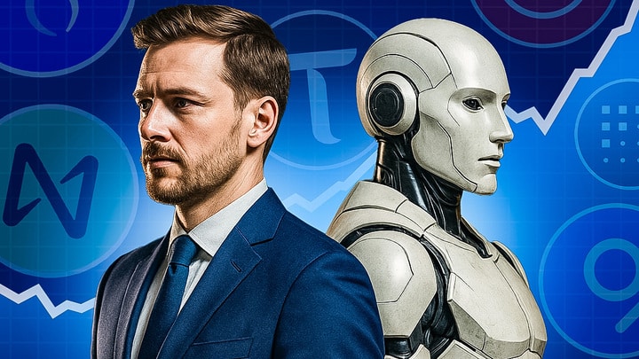Das Bild zeigt einen Mann im Anzug neben einem humanoiden Roboter, beide blicken in entgegengesetzte Richtungen. Der Hintergrund besteht aus blauen Symbolen verschiedener Kryptowährungen und aufsteigenden Linien, die Wachstum und technologische Entwicklung symbolisieren. Die Darstellung steht für die Zusammenarbeit von Mensch und künstlicher Intelligenz in der Welt der Finanz- und Kryptomärkte.