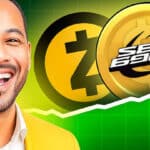 Mann lacht vor Symbolen von Zcash (ZEC) und SPX6900, grüner Chart im Hintergrund signalisiert Kursanstieg.
