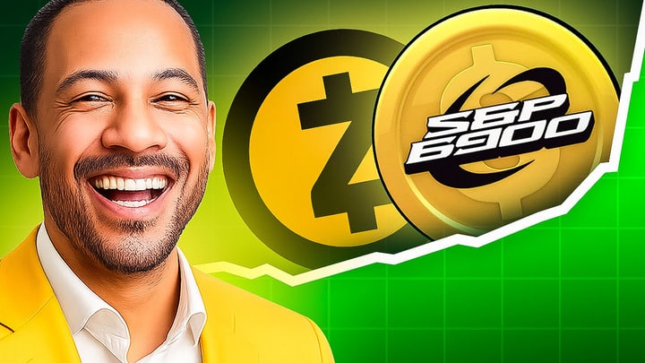 Mann lacht vor Symbolen von Zcash (ZEC) und SPX6900, grüner Chart im Hintergrund signalisiert Kursanstieg.