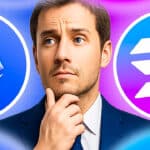 Ein nachdenklicher Mann zwischen den Logos von Ethereum und Solana auf blau-violettem Hintergrund – symbolisiert den Vergleich beider Kryptowährungen.