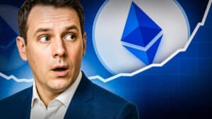Ein überraschter Mann blickt auf ein Ethereum-Symbol vor einem steigenden Kursdiagramm im Hintergrund.