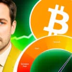 Ein besorgter Mann neben dem Bitcoin-Logo und einem Angst-und-Gier-Index, der starke Gier anzeigt, vor einem grünen Kursdiagramm.
