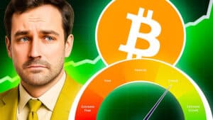 Ein besorgter Mann neben dem Bitcoin-Logo und einem Angst-und-Gier-Index, der starke Gier anzeigt, vor einem grünen Kursdiagramm.