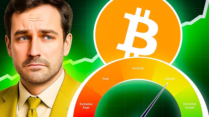 Ein besorgter Mann neben dem Bitcoin-Logo und einem Angst-und-Gier-Index, der starke Gier anzeigt, vor einem grünen Kursdiagramm.