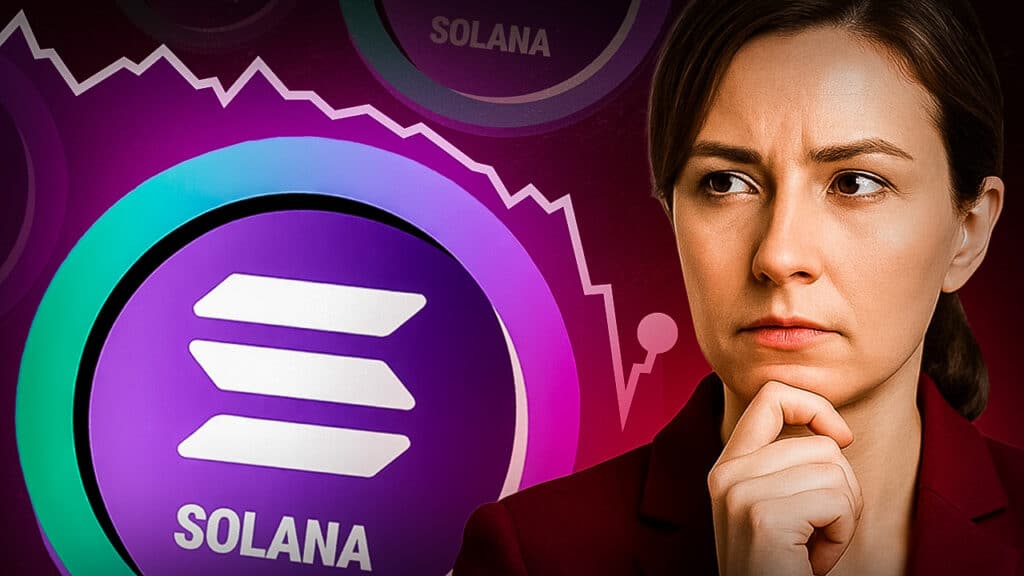 Eine Frau blickt nachdenklich auf ein großes Solana-Logo vor violettem Hintergrund mit Kursdiagramm – symbolisiert Unsicherheit über Solanas Marktentwicklung.