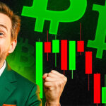 Glücklicher Mann jubelt vor Bitcoin-Kerzenchart und grünen Bitcoin-Logos im Hintergrund.