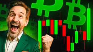 Glücklicher Mann jubelt vor Bitcoin-Kerzenchart und grünen Bitcoin-Logos im Hintergrund.
