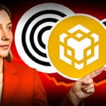 Frau im roten Blazer zeigt auf große Kryptowährungslogos, darunter BNB und Ripple, vor einem roten Hintergrund mit fallender Kurslinie – Symbol für eine Korrektur am Kryptomarkt.