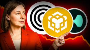 Frau im roten Blazer zeigt auf große Kryptowährungslogos, darunter BNB und Ripple, vor einem roten Hintergrund mit fallender Kurslinie – Symbol für eine Korrektur am Kryptomarkt.