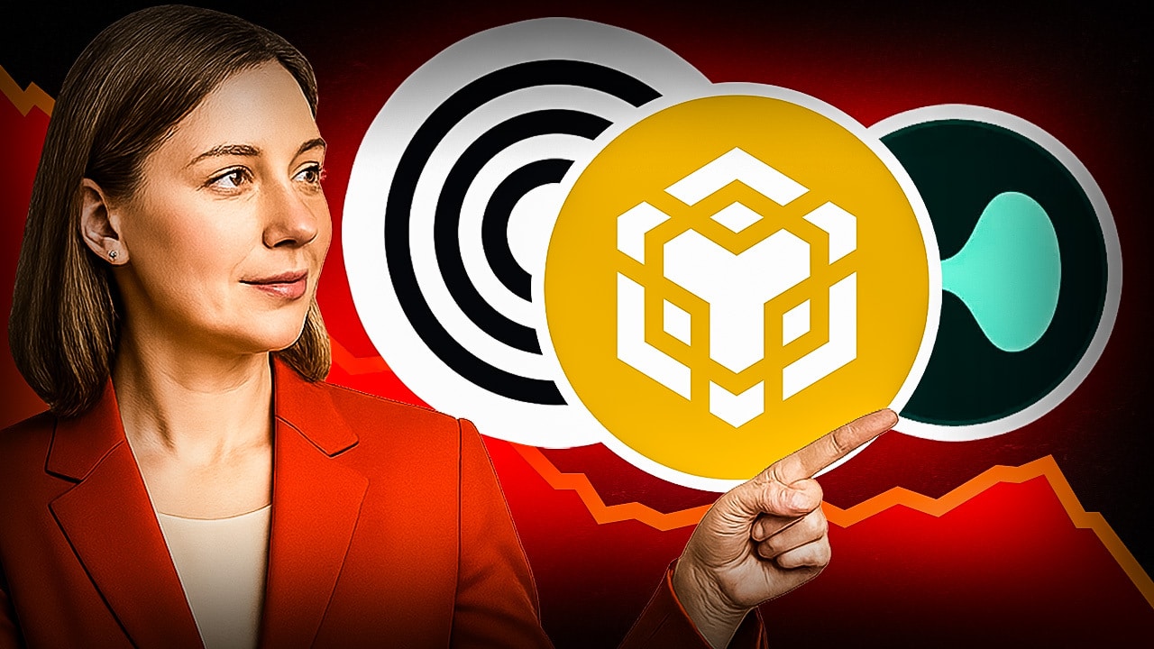 Frau im roten Blazer zeigt auf große Kryptowährungslogos, darunter BNB und Ripple, vor einem roten Hintergrund mit fallender Kurslinie – Symbol für eine Korrektur am Kryptomarkt.