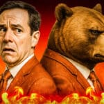 Mann und Bär in Anzügen stehen Rücken an Rücken vor Flammen und brennenden Bitcoin- und Ethereum-Symbolen, Symbol für fallende Kryptokurse.