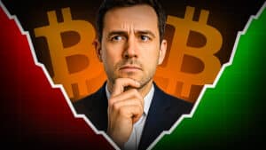 Ein nachdenklicher Mann vor großen Bitcoin-Symbolen mit einem roten Abwärtstrend links und einem grünen Aufwärtstrend rechts im Hintergrund.