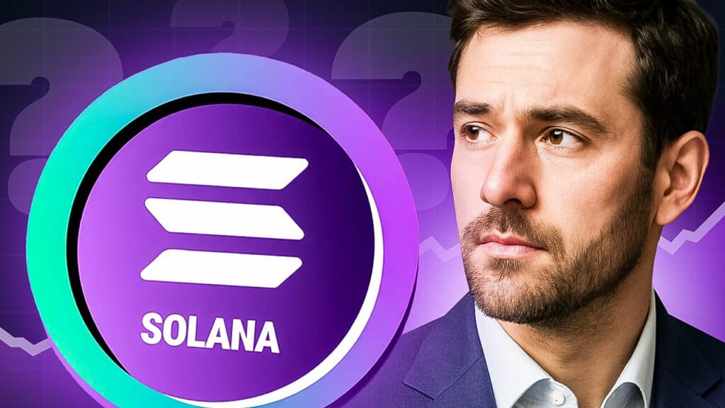Mann schaut nachdenklich neben Solana-Logo auf violettem Hintergrund mit Diagrammlinien und Fragezeichen, Symbol für Kryptomarkt-Analyse.