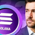 Mann schaut nachdenklich neben Solana-Logo auf violettem Hintergrund mit Diagrammlinien und Fragezeichen, Symbol für Kryptomarkt-Analyse.