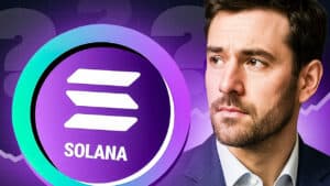 Mann schaut nachdenklich neben Solana-Logo auf violettem Hintergrund mit Diagrammlinien und Fragezeichen, Symbol für Kryptomarkt-Analyse.