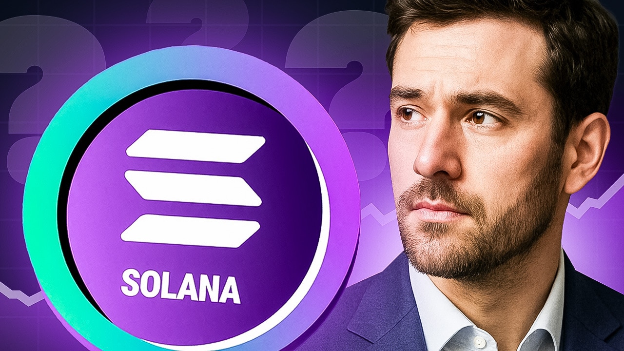 Mann schaut nachdenklich neben Solana-Logo auf violettem Hintergrund mit Diagrammlinien und Fragezeichen, Symbol für Kryptomarkt-Analyse.