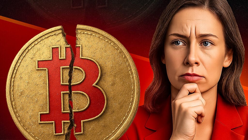 Frau mit besorgtem Blick steht neben einer gebrochenen goldenen Bitcoin-Münze auf rotem Hintergrund, Symbol für fallende Kryptowerte oder Marktunsicherheit.