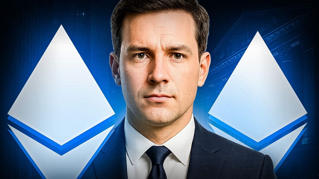 Ein Mann im Anzug steht vor einem blauen Hintergrund mit zwei großen Ethereum-Logos – symbolisiert den Fokus auf Ethereum im Kryptomarkt.