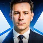 Ein Mann im Anzug steht vor einem blauen Hintergrund mit zwei großen Ethereum-Logos – symbolisiert den Fokus auf Ethereum im Kryptomarkt.