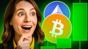 Eine lächelnde Frau blickt begeistert auf die Symbole von Bitcoin und Ethereum, daneben grüne Kerzen eines steigenden Kursdiagramms – Symbol für Kursgewinne und positive Marktstimmung.