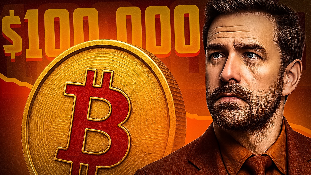 Ein Mann blickt ernst nach oben, während im Hintergrund ein großes Bitcoin-Symbol und die Zahl „$100,000“ leuchten. Die Farbgebung in Orange und Rot vermittelt Spannung und Erwartung, was auf eine mögliche Kursrallye oder eine kritische Marktphase hindeutet.