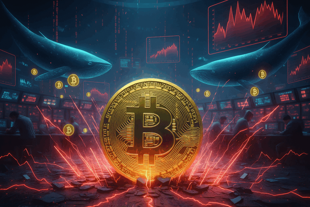 Digitale Illustration einer goldenen Bitcoin-Münze in einem Kontrollraum mit Computern und leuchtenden Walen, Symbol für große Marktakteure im Kryptohandel.
