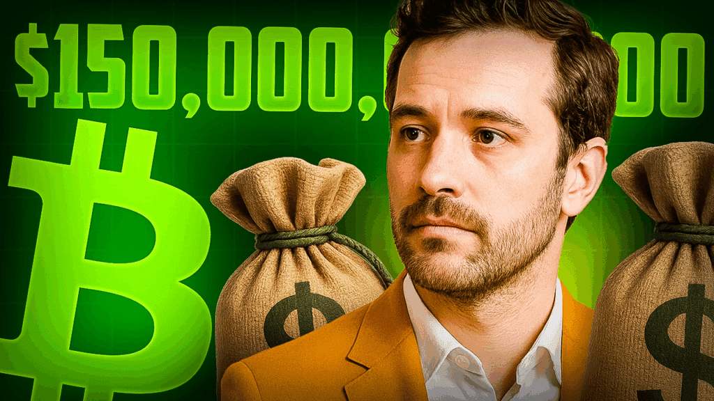 Ein Mann in einem gelben Anzug blickt nachdenklich nach rechts. Hinter ihm sind große grüne Bitcoin-Symbole, Geldsäcke mit Dollarzeichen und die Zahl „$150,000,000“ zu sehen – das Bild vermittelt den Eindruck von großen Finanzbewegungen oder Investitionen in Kryptowährungen.