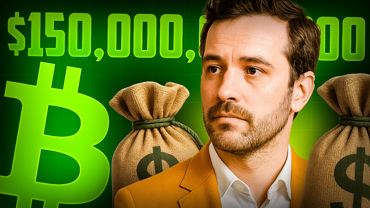Ein Mann in einem gelben Anzug blickt nachdenklich nach rechts. Hinter ihm sind große grüne Bitcoin-Symbole, Geldsäcke mit Dollarzeichen und die Zahl „$150,000,000“ zu sehen – das Bild vermittelt den Eindruck von großen Finanzbewegungen oder Investitionen in Kryptowährungen.