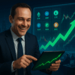 Ein glücklicher Mann im Geschäftsanzug steht in einem futuristischen Trading-Raum und hält ein Tablet mit steigenden Krypto-Charts, während hinter ihm große Monitore mit Kryptowährungs-Logos und einem grünen Aufwärtstrend angezeigt werden.