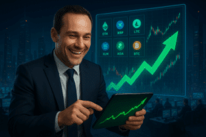 Ein glücklicher Mann im Geschäftsanzug steht in einem futuristischen Trading-Raum und hält ein Tablet mit steigenden Krypto-Charts, während hinter ihm große Monitore mit Kryptowährungs-Logos und einem grünen Aufwärtstrend angezeigt werden.