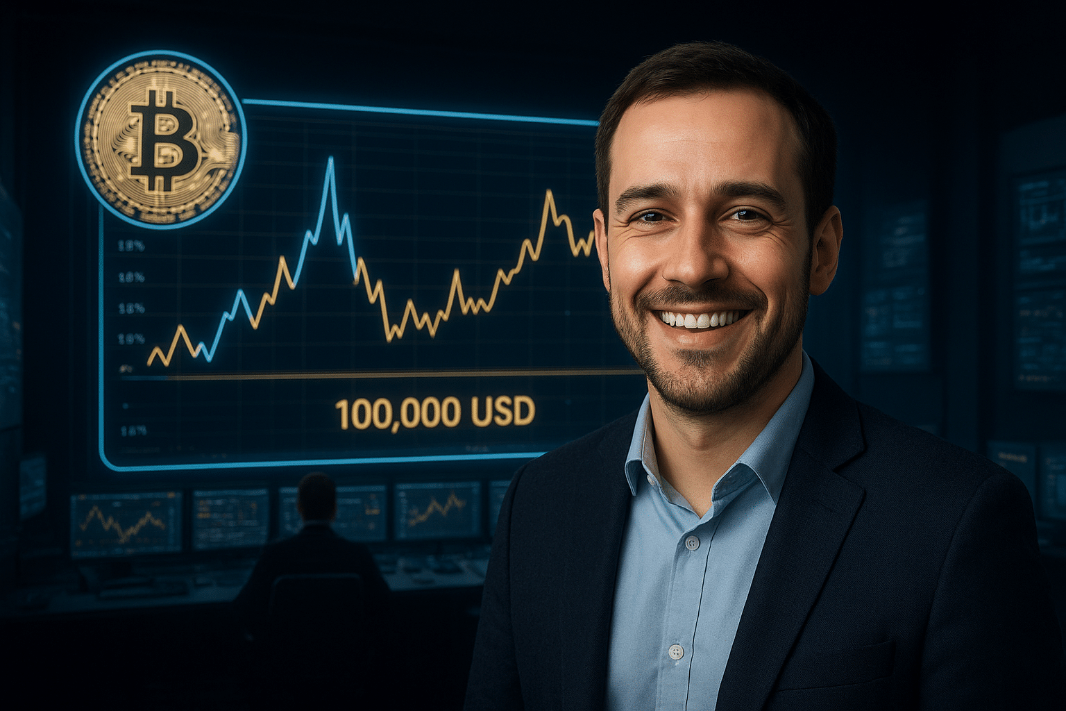 Lächelnder Mann in Business-Outfit steht in einem Trading-Raum vor einem großen Bitcoin-Chart, der einen Anstieg auf 100.000 USD zeigt; hyperrealistische Darstellung.