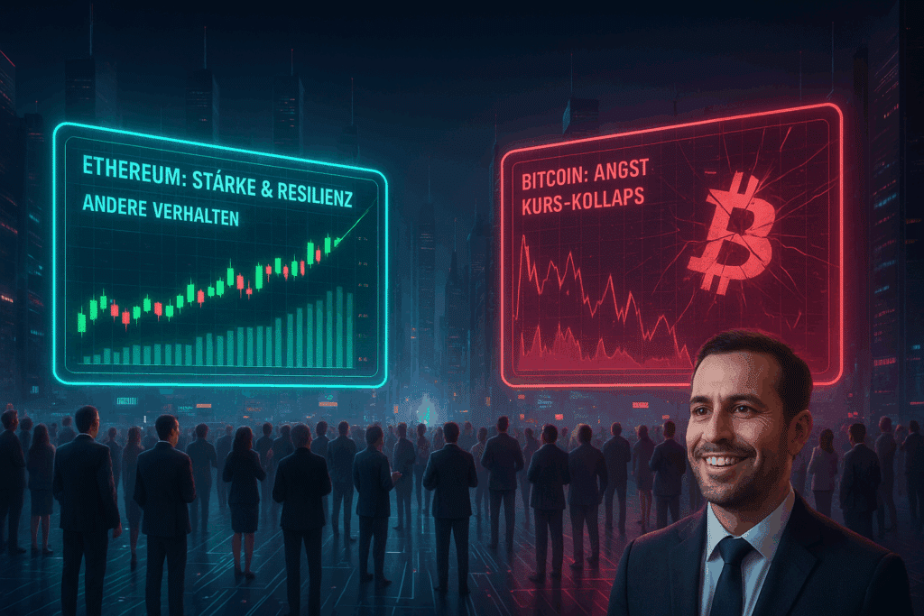 Futuristische Szene mit einer Menschenmenge vor zwei riesigen holografischen Charts: grüner Ethereum-Aufwärtstrend links und roter Bitcoin-Absturz rechts mit gesplittertem Display.