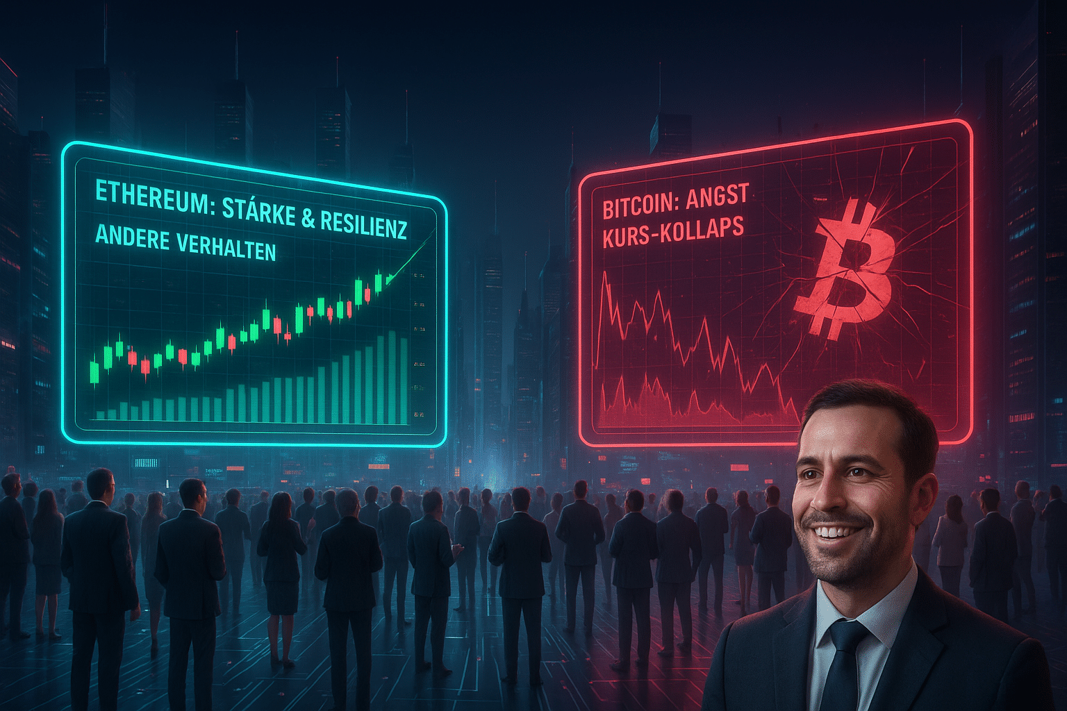 Futuristische Szene mit einer Menschenmenge vor zwei riesigen holografischen Charts: grüner Ethereum-Aufwärtstrend links und roter Bitcoin-Absturz rechts mit gesplittertem Display.