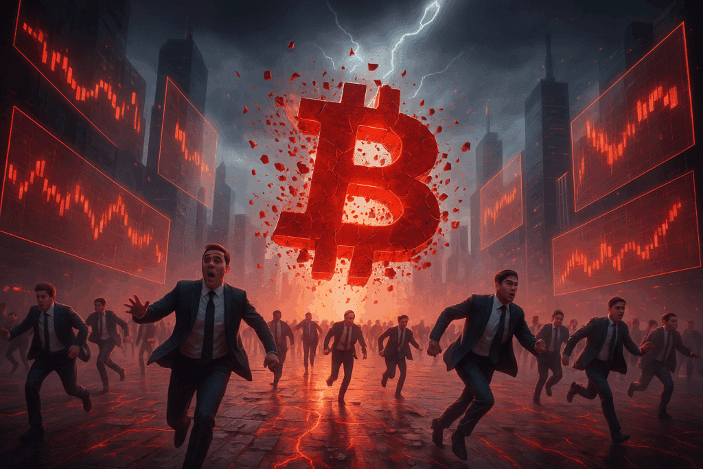 Futuristische Stadt mit explodierendem roten Bitcoin-Symbol, panisch fliehenden Tradern und fallenden Kurscharts in einer dramatischen, stürmischen Atmosphäre.