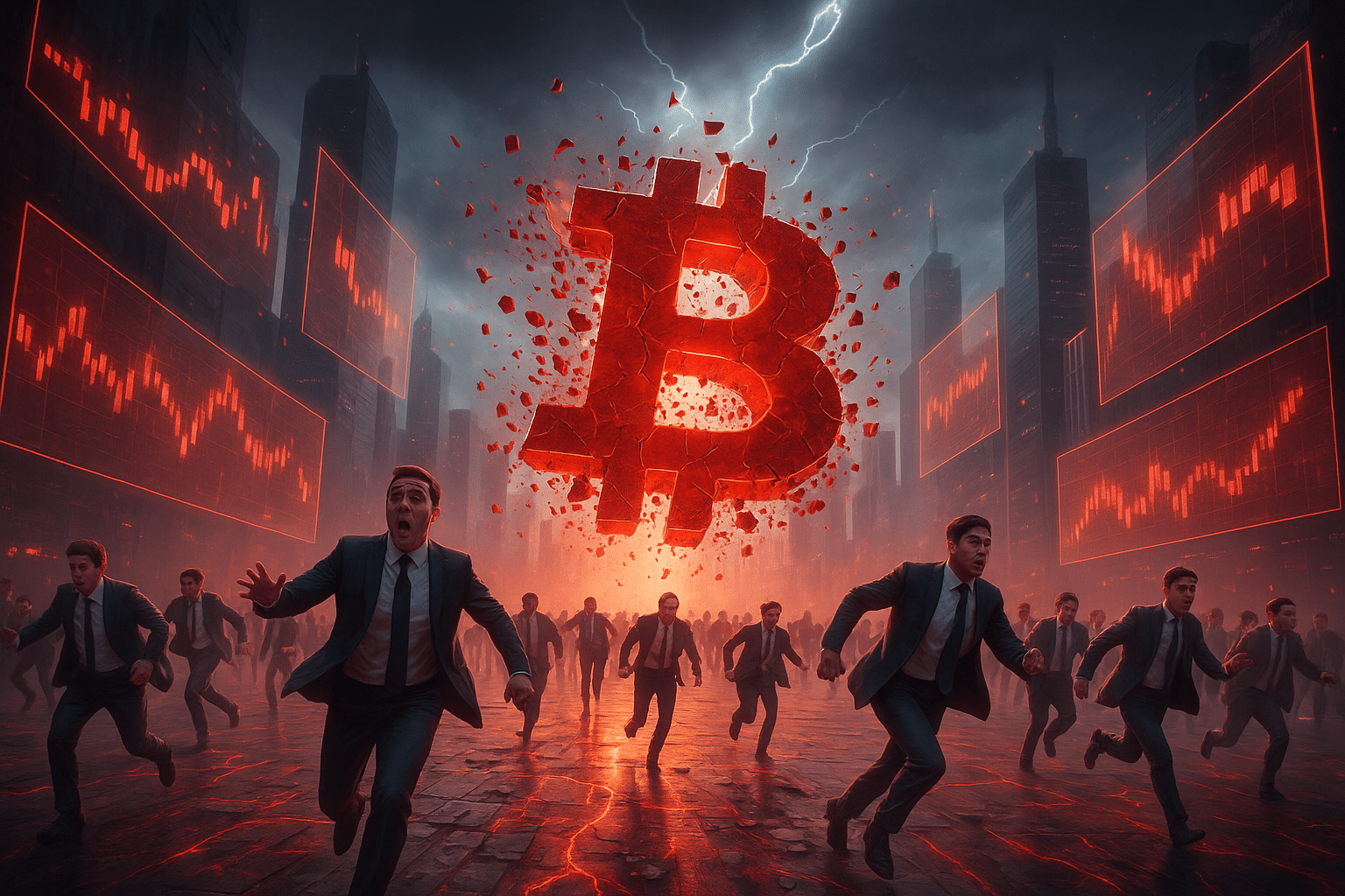 Futuristische Stadt mit explodierendem roten Bitcoin-Symbol, panisch fliehenden Tradern und fallenden Kurscharts in einer dramatischen, stürmischen Atmosphäre.
