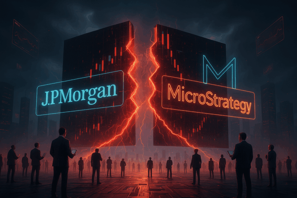 Futuristische Stadtszene mit zwei großen Datengebäuden, die von einem rot leuchtenden Riss geteilt werden; links das JP-Morgan-Logo, rechts das MicroStrategy-Logo, umgeben von Menschen mit Tablets und holografischen Displays.