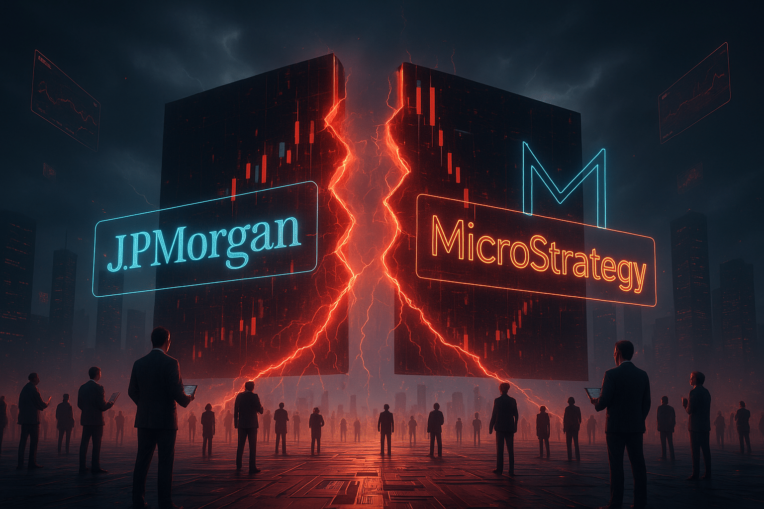 Futuristische Stadtszene mit zwei großen Datengebäuden, die von einem rot leuchtenden Riss geteilt werden; links das JP-Morgan-Logo, rechts das MicroStrategy-Logo, umgeben von Menschen mit Tablets und holografischen Displays.
