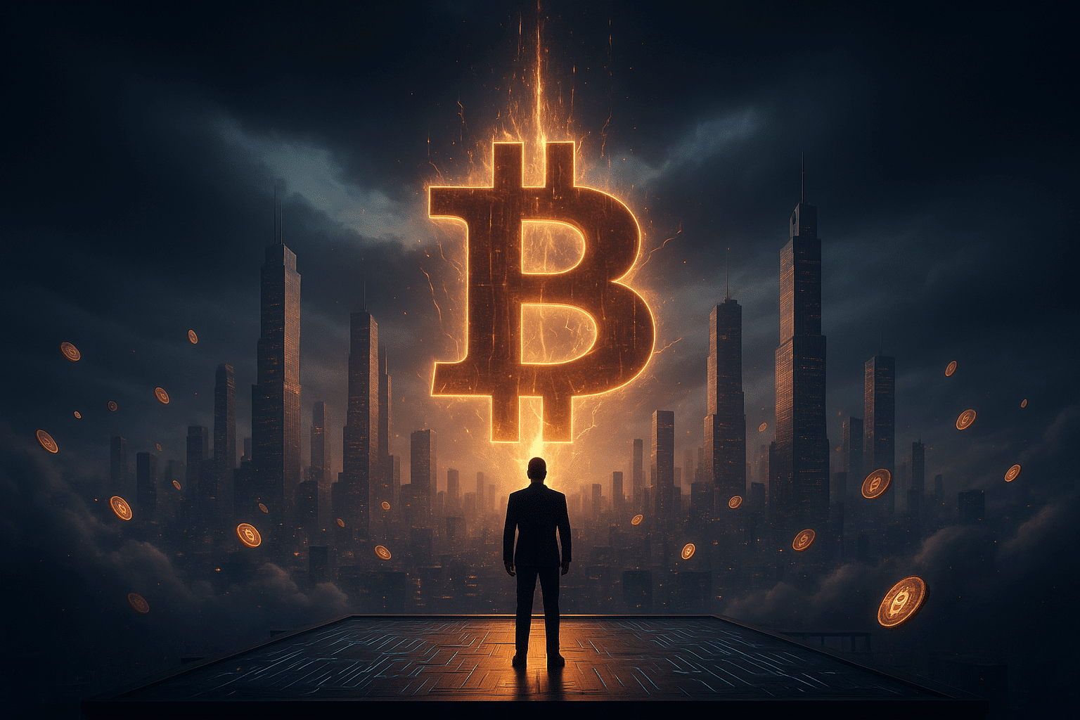 Eine Person steht auf einer futuristischen Plattform und blickt auf ein riesiges leuchtendes Bitcoin Symbol über einer modernen Stadt mit schwebenden Münzen.