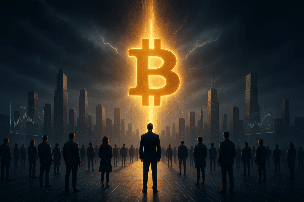 Eine hyperrealistische Szene zeigt mehrere Menschen auf einer erhöhten Plattform über einer futuristischen Stadt. Ein gewaltiges, leuchtendes Bitcoin-Symbol steigt wie eine Energielanze aus den Wolken empor und dominiert die gesamte Skyline. Blitze und Lichtstrahlen brechen durch den dunklen Himmel, während holografische Bildschirme und digitale Muster auf dem Boden die technologische Atmosphäre verstärken. Die Figuren blicken nach vorn, als würden sie Zeugen eines monumentalen Moments in der Geschichte der digitalen Finanzwelt.